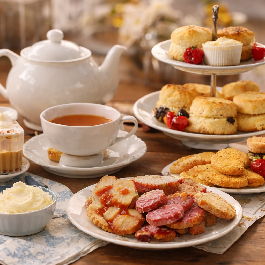 Traditional British afternoon tea with tea, scones, biscuits, and sweet treats
