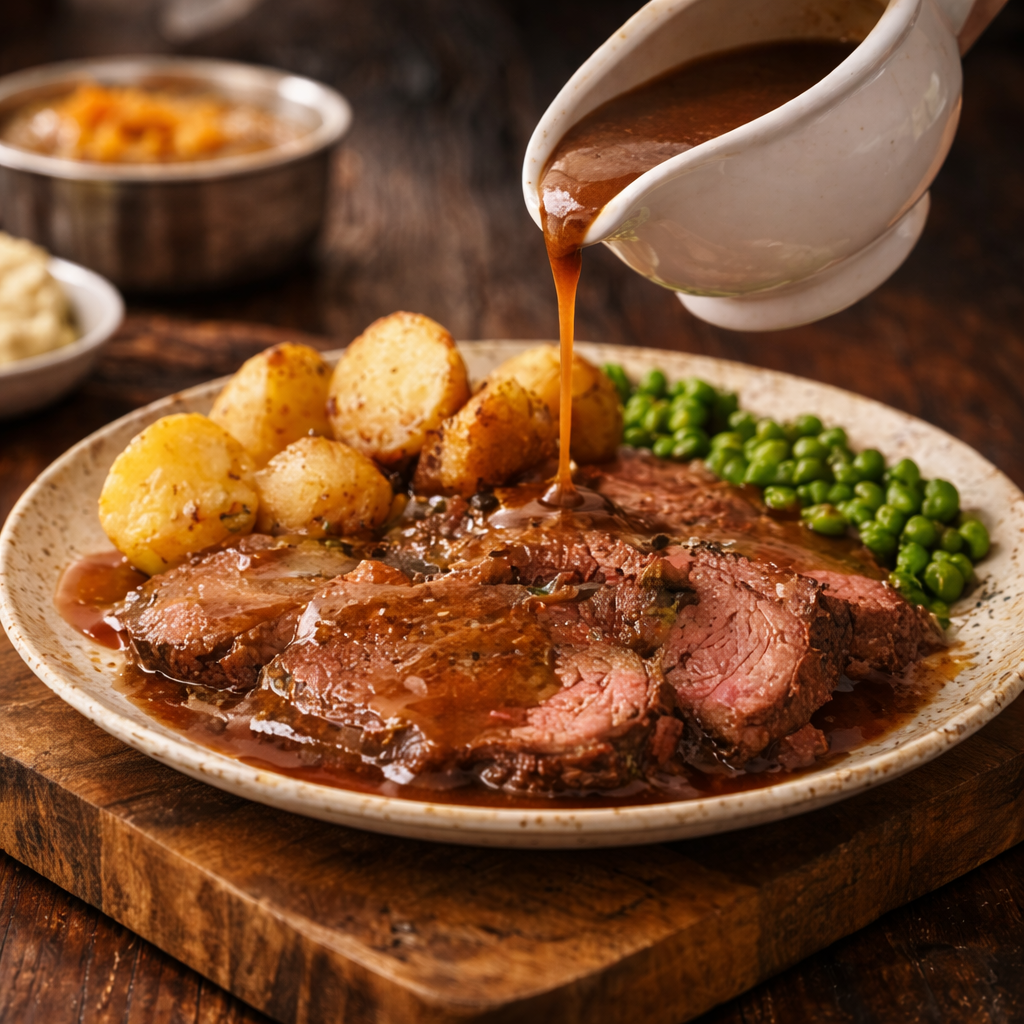 Plated roast beef with potatoes and peas, being served with gravy.