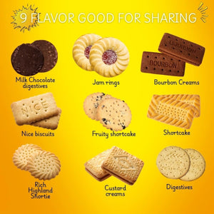 A yellow graphic showing nine different biscuit and cookie varieties with labels: Milk Chocolate digestives, Jam rings, Bourbon Creams, Nice biscuits, Fruity shortcake, Shortcake, Rich Highland Shortie, Custard creams, and Digestives. The header reads '9 FLAVOR GOOD FOR SHARING'.