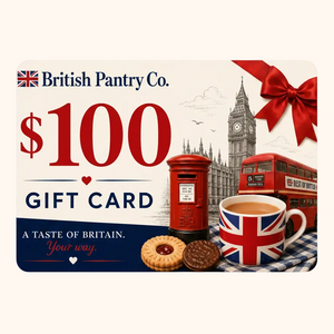 British Pantry Co. $100 gift card with London-themed elements and a red bow.