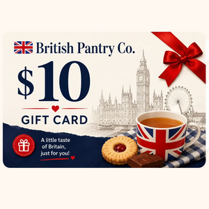 British Pantry Co. $10 gift card with tea cup, cookies, and Big Ben illustration.