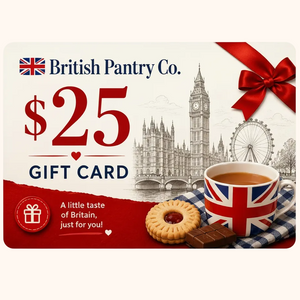 British Pantry Co. $25 gift card with tea cup, cookies, and Big Ben illustration.