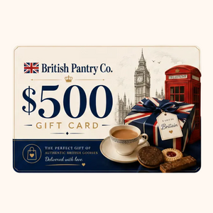 British Pantry Co. $500 gift card with tea set, cookies, and British-themed elements.