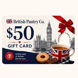 British Pantry Co. $50 gift card with tea cup, cookies, and Big Ben in the background