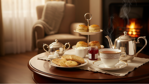 British Tea Room with Cozy Fire and Biscuits, Scones and Tea
