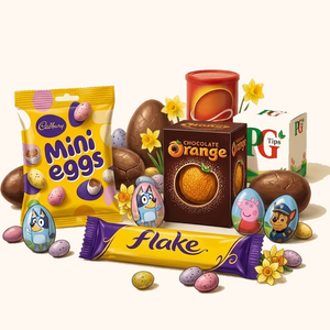 Assorted Cadbury Easter eggs and chocolate bars on a white background