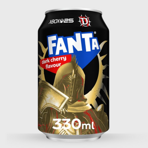 Fanta dark cherry flavor can with Xbox branding on a white background