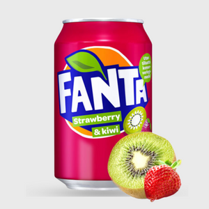 Fanta Strawberry & Kiwi can with a strawberry and kiwi on a light gray background