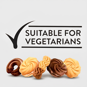 Decorative cookies with 'Suitable for Vegetarians' text on a light gray background