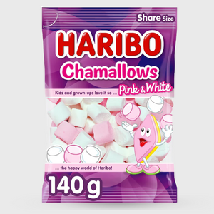 A 140g bag of Haribo Chamallows Pink & White share-size marshmallows, featuring the classic purple packaging with the red and white Haribo logo and a cartoon marshmallow character.