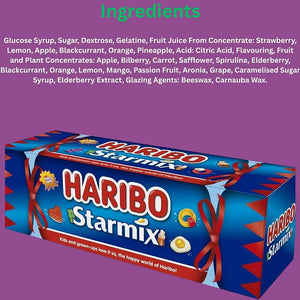 A boxed HARIBO Starmix candy product shown on a purple background with ingredient text above. The package is predominantly blue with red ribbon graphics, large red and white HARIBO branding, and smaller multicolor candy illustrations.