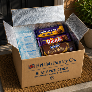 Box of British Pantry Co. with chocolate bars and a cool pack on a doormat.