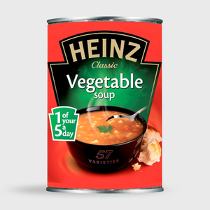 Can of Heinz Classic Vegetable Soup on a white background