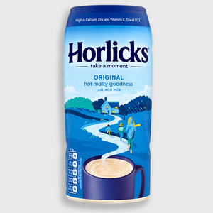 A single can of Horlicks Original hot malt goodness, featuring a blue and white label with an illustration of a cup of coffee and people walking along a path, set against a light gray background.