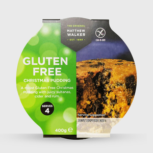 Gluten-free Christmas pudding packaging with green and purple design on a white background
