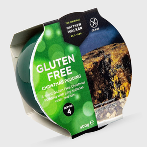 Gluten-free Christmas pudding packaging with green label on a white background