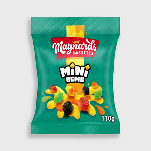 A 110g bag of Maynards Bassettes Mini Gems gummy candy, featuring a bright teal-green bag with a red brand logo and colorful illustrations of assorted gummies.