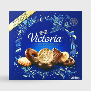 Box of McVitie's Victoria biscuits with decorative blue design and text.
