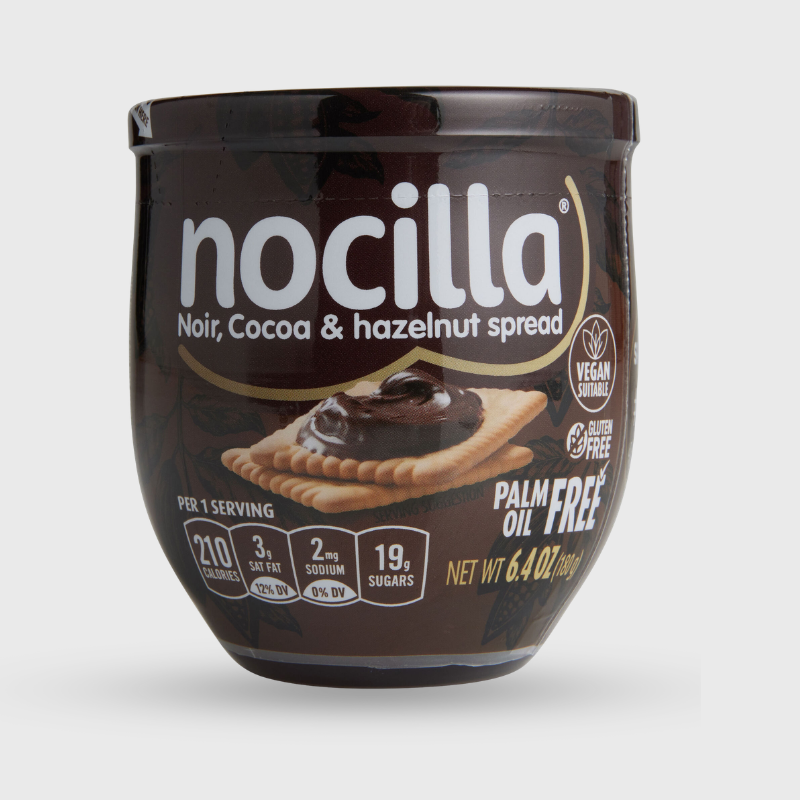 Container of Nocilla spread with branding and product details on a white background