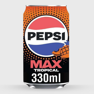 Pepsi Max Tropical can with orange and black design on a white background