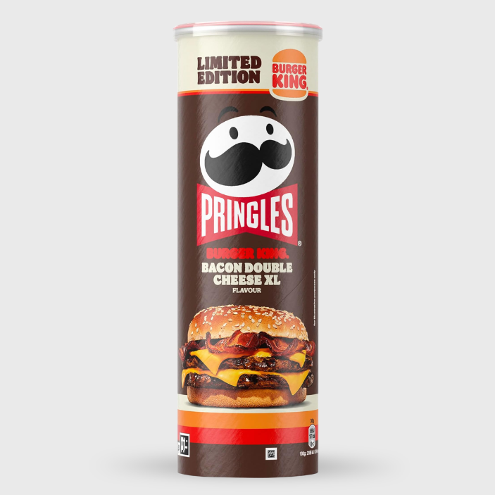 Pringles can with Burger King flavor on a white background