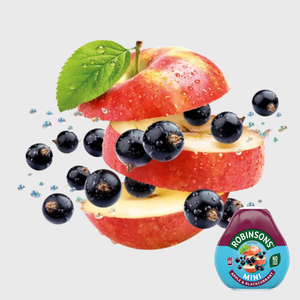 Sliced apple with blackcurrants and a Robinsons squash mini product on a white background
