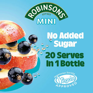 Robinsons Mini no added sugar product with fruit and blackcurrant on a blue background