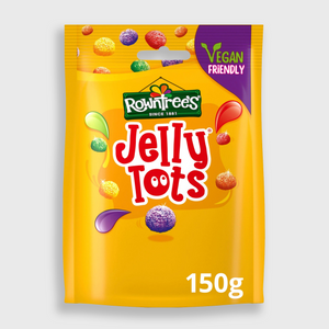 A 150g bag of Rowntrees Jelly Tots on a light gray background. The packaging is bright yellow with a purple 'Vegan Friendly' badge, featuring illustrations of colorful jelly beans and the brand logo.