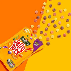 Rowntree's Jelly Tots packaging on an orange and yellow gradient background