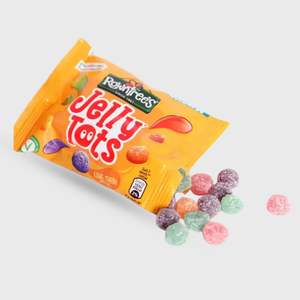 Packaged Rowntree's Jelly Tots with colorful jelly beans on a light gray background