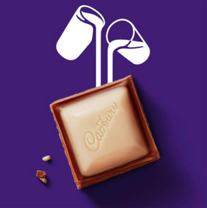 A square Cadbury chocolate bar with a light tan center and dark brown border, shown on a solid purple background with white stylized chocolate-coated earbuds above it.