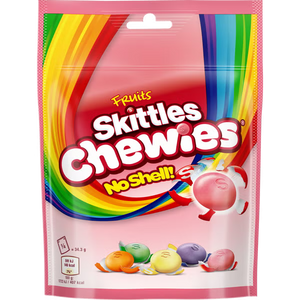 Skittles Chewies candy package with colorful design on a white background