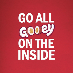 Text 'GO ALL GOOEY ON THE INSIDE' on a red background Skittles Gooey 