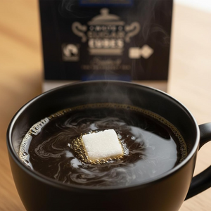 A close-up of a black mug filled with steaming black coffee, featuring a sugar cube floating on the surface. The background shows a blurred box of sugar cubes on a light wooden surface.