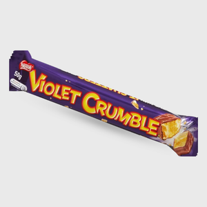 Nestle Violet Crumble chocolate bar packaging on a light gray background