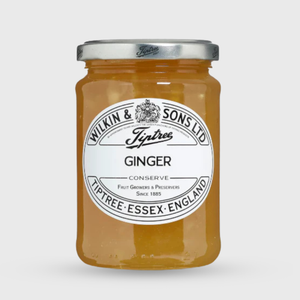 Jar of Tiptree Ginger Conserve with a white label on a light gray background