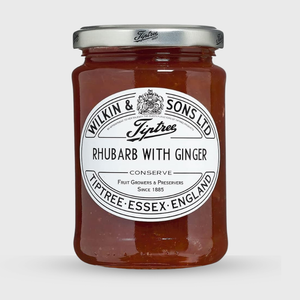 Jar of Tiptree Rhubarb with Ginger Conserve on a white background