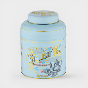 New English Teas Vintage Victorian Decaf English Breakfast Tea Powder Blue Tin