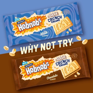 Two Mytts Hobnobs biscuit bars shown in their packaging, one blue wrapper labeled Oatzy Crunch Creams (Milk Flavour) and one brown wrapper labeled Chocolate Flavour, with the text 'WHY NOT TRY?' across the center.