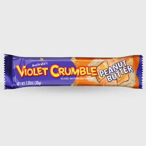 Violet Crumble Peanut Butter candy bar packaging on a white background