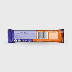 Chocolate bar with purple and orange packaging on a white background