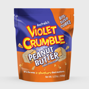 Packaging of Violet Crumble Peanut Butter candy on a white background