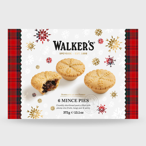 Box of Walkers mince pies with plaid design on a white background