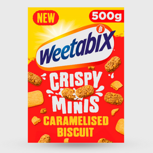 Weetabix Crispy Minis Caramelised Biscuit packaging on a white background