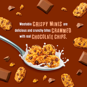 Promotional image of Weetabix Crispy Minis with chocolate chips on a brown background.