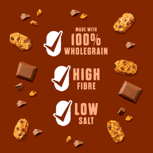 Weetabix Minis Chocolate Chip Chocolate bars and cookies with health claims on a brown background
