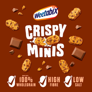 Weetabix Crispy Minis cookies on a brown background with visible branding and product details.