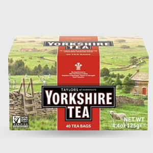 Box of Taylors of Harrogate Yorkshire Tea with a scenic design on the packaging.
