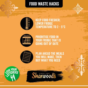 Sharwood's food waste hacks infographic on an orange background