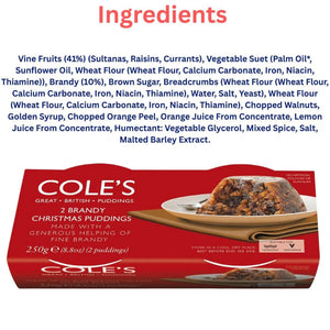 Ingredients list for Cole's 2 Brandy Christmas Puddings, with a red package of the product shown at the bottom against a white background.
